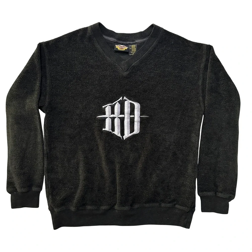 VTG Harley Davidson Fleece Pullover Men M Black Embroidered HD‎ Biker Moto USA